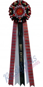 4 Row American Style Rosette
The 4 Row American Style Consists of Points or loops and Rows in the head, Longer tails and novelty ribbon incuded.
made to customer specifications. Fancy ribbon and trimmings com as a standard.