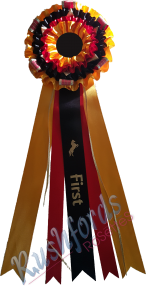 4 Row Mini American Style Rosette
The 4 Row Mini American Style is also just a more formal fancier version of the Standard 4 Row.
You get novelty strips and points as a standard in all Mini American Style Rosettes.
Charms will be provided at extra cost.