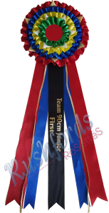 4 Row American Style 4 Row American Style Rosette
The 4 Row American Style Consists of Points or loops and Rows in the head, Longer tails and novelty ribbon incuded.
made to customer specifications. Fancy ribbon and trimmings com as a standard.
